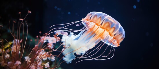 Graceful jellyfish swim in an aquarium, their ethereal forms illuminated against the dark background - obrazy, fototapety, plakaty
