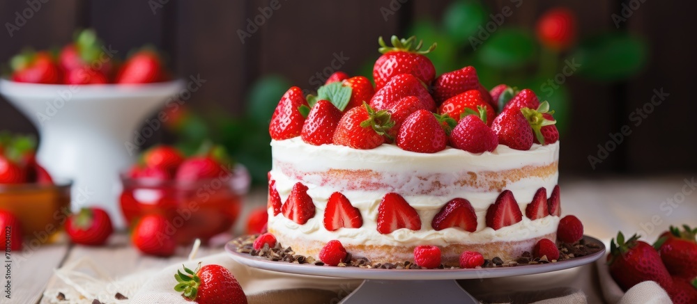 Wall mural Cake showcasing luscious strawberries on a plate