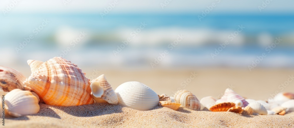 Wall mural Assorted shells spread across sandy shore against serene backdrop of a clear blue ocean