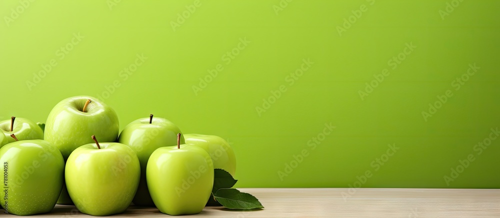 Poster stacked apples on a table against a green background, creating a vibrant and colorful display.