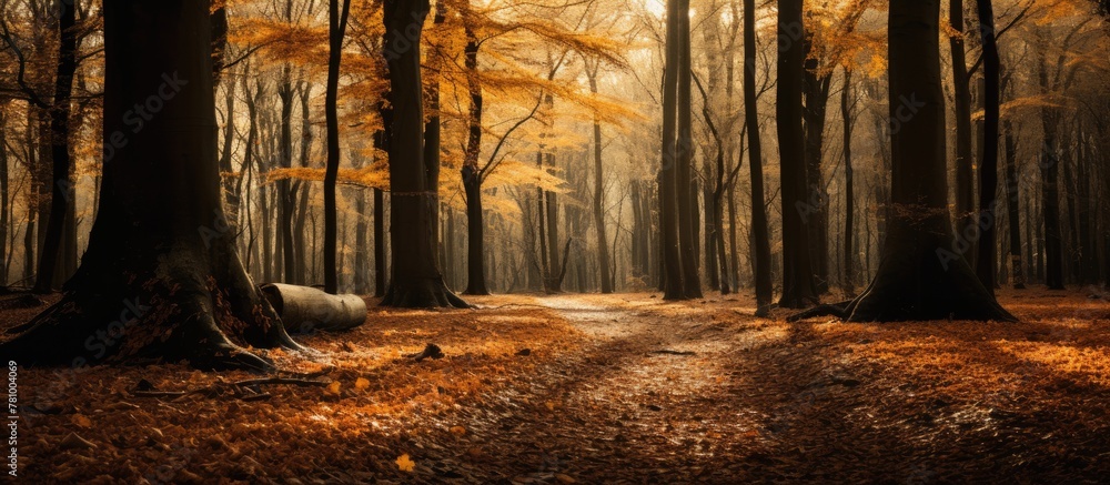 Poster traversing a peaceful path in the woods, stepping on a carpet of leaves under the canopy of towering