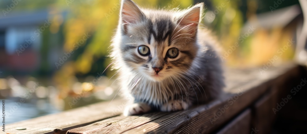 Poster Little kitten perched on bench near tranquil waters, enjoying a peaceful moment by the shore