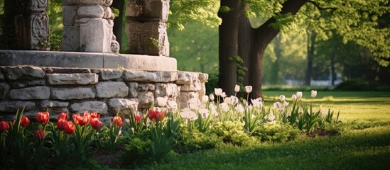 Vibrant tulips in full bloom grow abundantly amidst lush green grass near a rugged stone wall