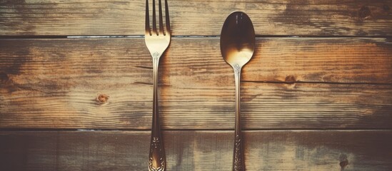 Pair of forks and a spoon placed on a rustic wooden tabletop - Powered by Adobe