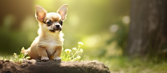A cute little chihuahua puppy is playfully sitting on a rock in the grass in a natural setting.