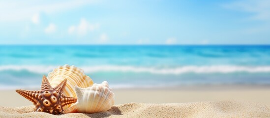 Fototapeta na wymiar Close-up of a beautiful shell resting on the sandy shore near the ocean, under the sunny sky