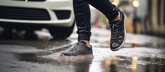 A person is walking in the rain with their shoes on, getting wet as rain falls down on them