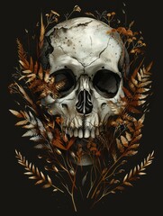 Skull surrounded by autumn leaves and wheat - The essence of autumn captured through a beautiful artwork featuring a skull amidst fallen leaves and wheat