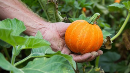 A closeup of a farmers hand holding a ripe plump pumpkin. The vibrant orange skin of the pumpkin stands out against the green leaves of the plant. This versatile crop can be used not .