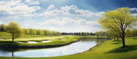The tranquil golf course is adorned with a picturesque pond and stunning greenery around. - obrazy, fototapety, plakaty