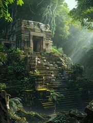 Sunlit Ancient Ruins Amidst Jungle Foliage - The stunning visuals of sun rays piercing through the jungle to illuminate the intricate details of an ancient ruin