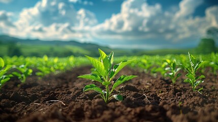 Plants growing in the field, young seedlings, sprouts, and leaves, nurtured by soil for a bountiful harvest.