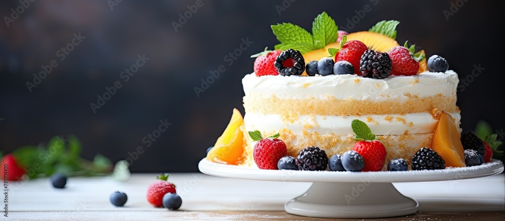 Canvas Prints Cake adorned with fresh fruits sits elegantly on a table, enticing dessert lovers with its delightful presentation