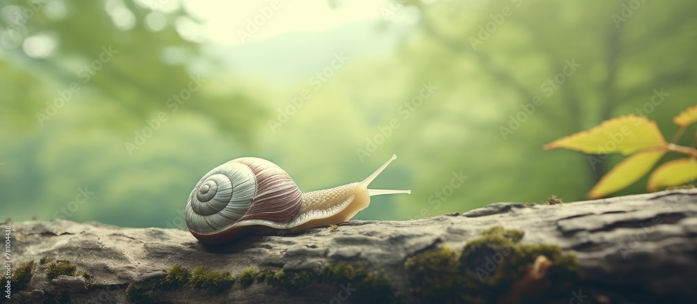 Poster tiny snail calmly resting on wooden log surrounded by lush greenery of the forest