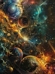 Vibrant cosmic art with surreal planets - This dazzling cosmic art features surreal, colorful planets and nebulae, bursting with life and dynamic movement amidst the stars