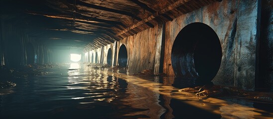 Dark and shadowy tunnel with a dimly visible light shining at the distant end, highlighting a...