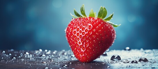 Close-up view of a ripe strawberry glistening with water droplets, highlighting its freshness - obrazy, fototapety, plakaty