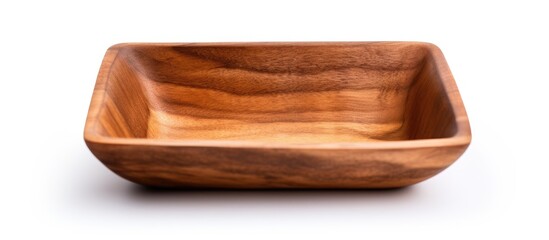 Close-up view of a wooden bowl placed on a plain white surface