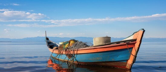 Boat peacefully adrift on calm waters against a serene backdrop