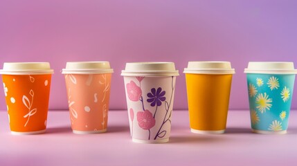 Four colorful cups with lids arranged on a table