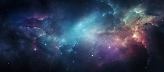 Mysterious dark blue and purple galaxy filled with cosmic clouds, twinkling stars, and celestial beauty - obrazy, fototapety, plakaty