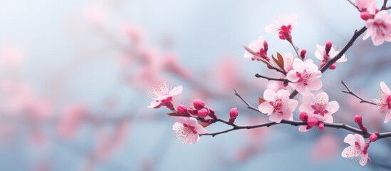 Close-up view of a tree branch adorned with delicate pink flowers in full bloom - obrazy, fototapety, plakaty