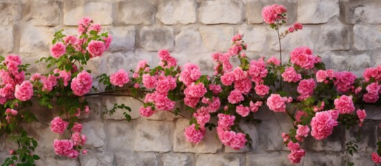 Pink blossoms blooming on a rough stone wall with a solid brick structure in the background