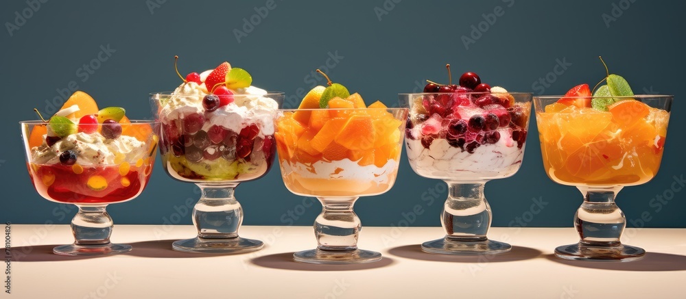 Poster Four servings of fruit salad topped with whipped cream presented in glasses