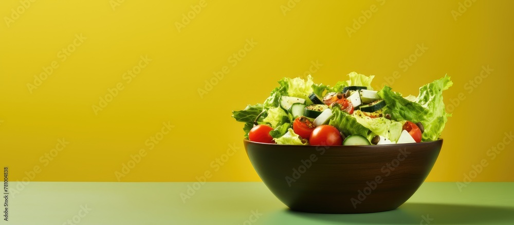 Poster fresh salad containing tomatoes and lettuce arranged in a bowl placed on a table