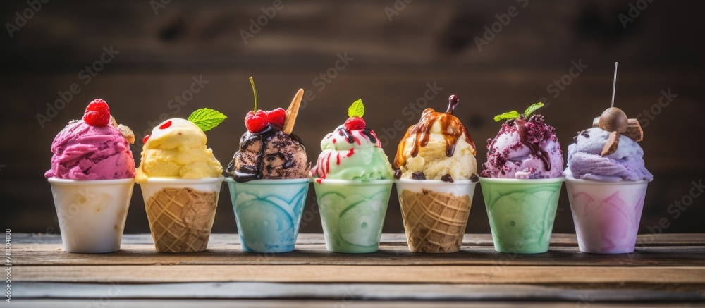Poster close-up view of a delicious array of ice cream cones adorned with a variety of tasty toppings