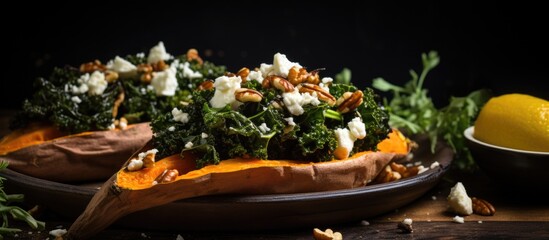 Plate displaying a delicious stuffed sweet potato alongside a fresh lemon