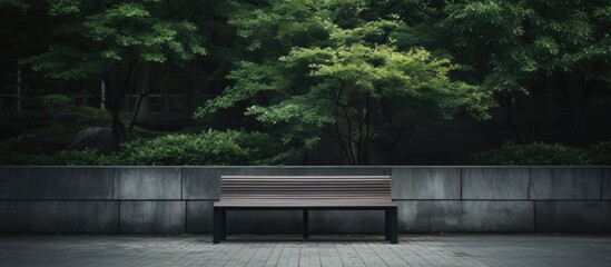 Wooden bench positioned in front of a wall, with a backdrop of trees in the distance