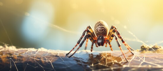 Close-up view of a spider intricately weaving a web with a soft, blurred background - obrazy, fototapety, plakaty