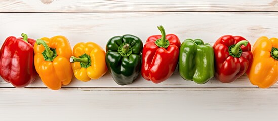 Several colorful peppers lined up in a row on a clean white wooden table