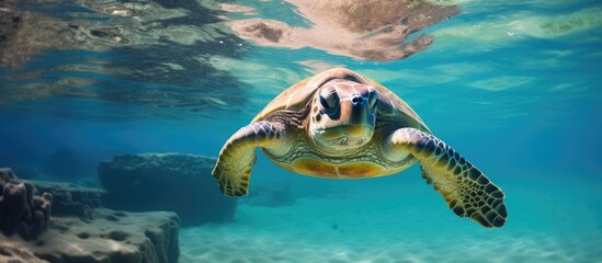 Obraz premium Turtle gracefully gliding through ocean, head protruding above water surface in a serene marine environment