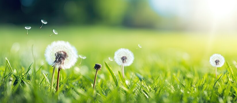 Lush green grass background with dandelions swaying in the wind