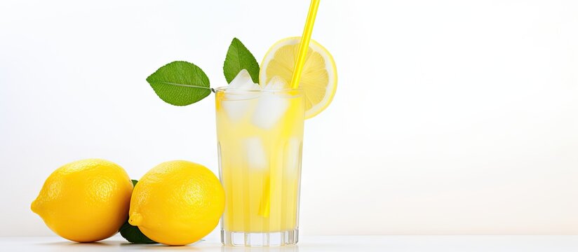 Refreshing lemonade served in a glass with a straw and slices of fresh lemons beside it