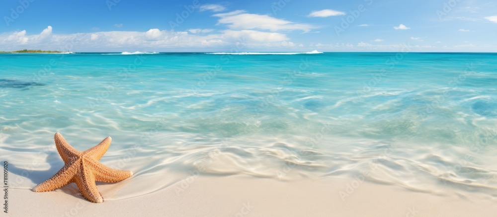 Sticker Starfish resting on sandy shore under clear blue sky next to calm water at the beach