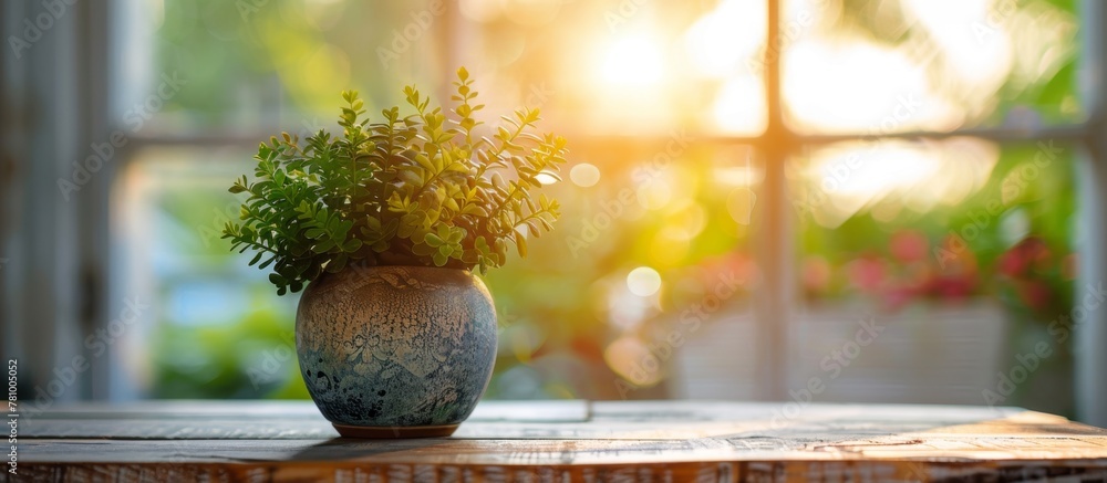Poster the image shows a lush green plant in a container placed on a table, positioned in front of a window