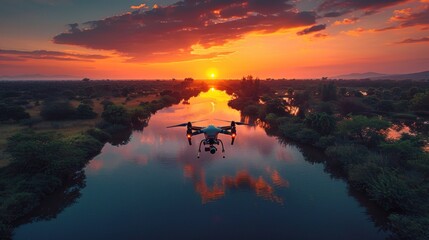 Technology drone flying to monitor above river analysis to drought crisis. - obrazy, fototapety, plakaty