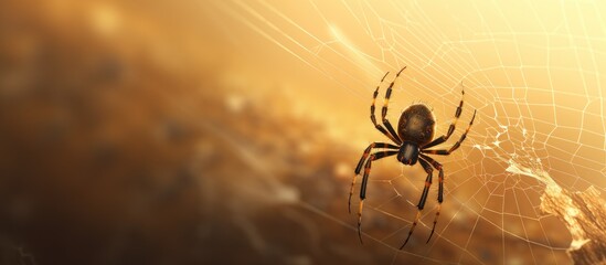 Spider crawls along a detailed spider web, showcasing nature's delicate design - obrazy, fototapety, plakaty