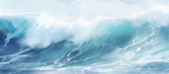 Large wave crashes, sending up a spray of ocean water in a dramatic display of natural power - obrazy, fototapety, plakaty
