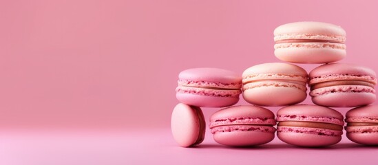 Stacked pink macarons resting on top of one another creating a delightful sweet treat