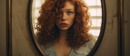 Curly-haired woman with red hair admires her reflection in the mirror