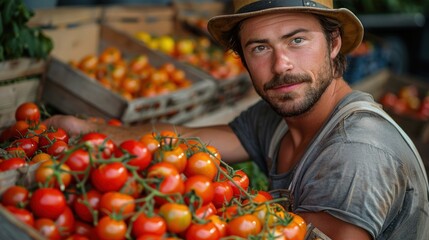 Obraz premium Gardener man tending and harvesting red tomatoes in organic farm.