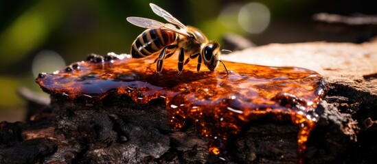 Bee seen up close on wood with a substance dripping off it - obrazy, fototapety, plakaty