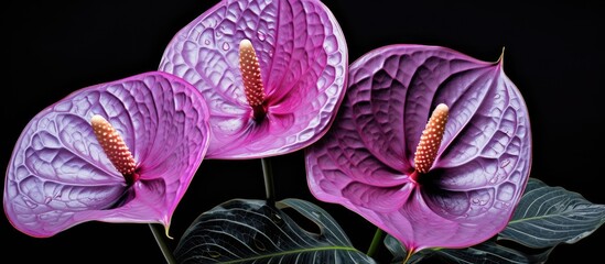 Purple blooms with lush foliage set against a dark backdrop