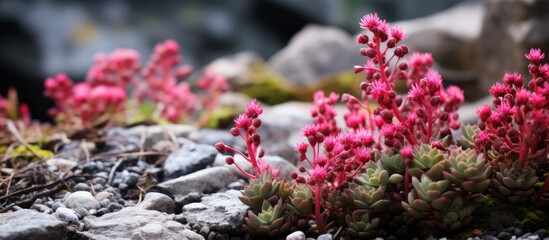 Fototapeta premium Wild pink flowers blooming amidst rugged rocks and gravel in a natural setting
