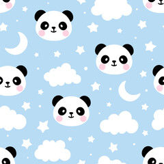 Cute panda bear in the blue sky with stars and clouds, kids seamless pattern design for textile or fabric for boy and girl