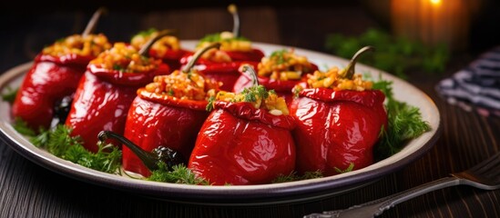 Placed on a plate are delicious stuffed peppers accompanied by a fork